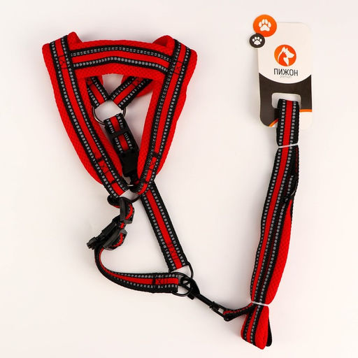 Комплект амуниции светоотражающий с мягкими шлейкой и ручкой, поводок 120 х 2 см, ОШ 25-72 см, красн - Пижон фото 6