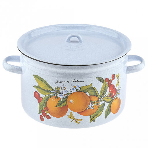 Фруктовая фантазия Кастрюля эмалированная 7л, форма цилиндрическая, металлическая крышка, металлические ручки (Россия)