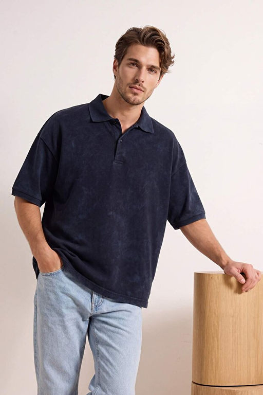 Antrasit Oversize/Geni_ Kesim Soluk Efekt %100 Pamuk Polo Yaka T-shirt TMNSS26TS00044 - Trendyolmilla фото 2