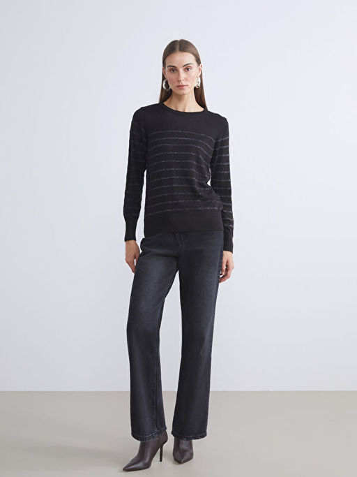 Bisiklet Yaka ?izgili Kad?n Triko Kazak