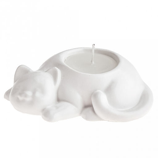 Свеча "Улыбчивый котик" 10,4х6,4х3,4см, парафин, в подсвечнике из гипса, белый, время горения 2 часа (Россия)