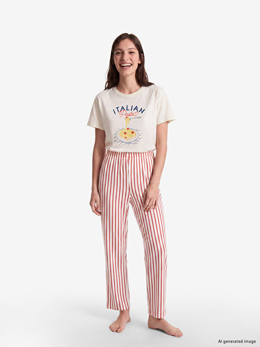 Bisiklet Yaka Bask?l? Kad?n Pijama Tak?m?