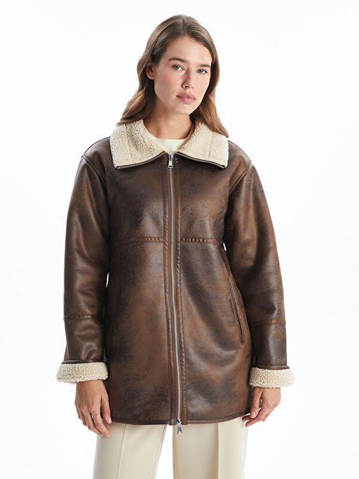 G?mlek Yaka Kad?n Deri G?r?n?ml? Mont