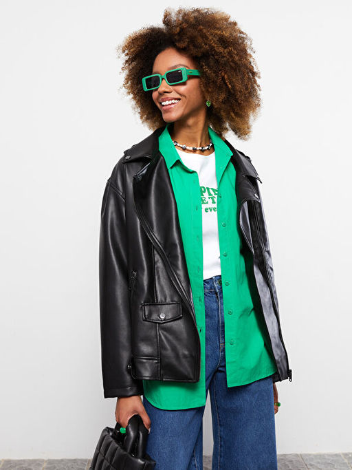 Kad?n Biker Yaka D?z Deri G?r?n?ml? Mont