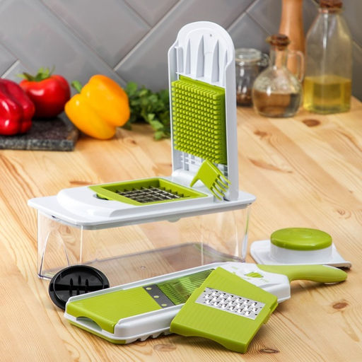 Овощерезка - шинковка со сменными насадками и контейнером Доляна Fresh Cook, 6 насадок, 14×12.5×38.1 см, белая, зелёная