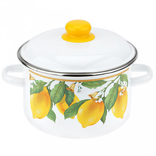 "Цитрон" Кастрюля эмалированная 4л, д22см, h13см, цилиндрическая форма, металлическая крышка, ободок из нержавеющей стали, белый (Россия)