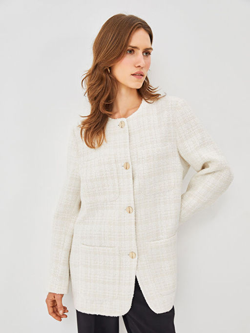 Bisiklet Yaka Ekose Uzun Kollu Kad?n T?vit Blazer Ceket