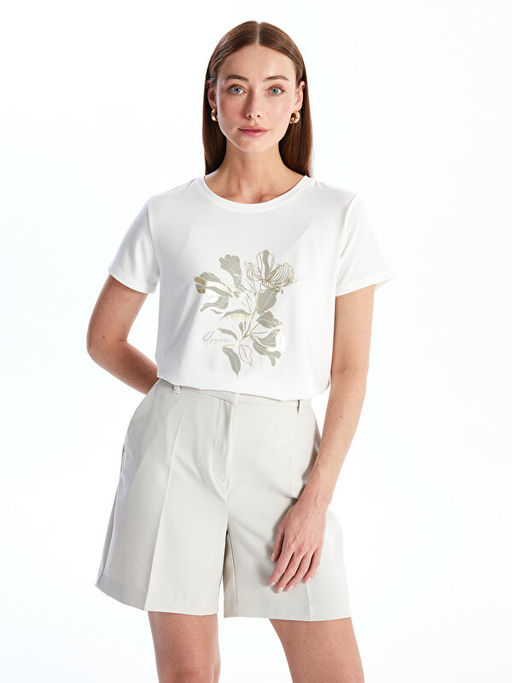 Bisiklet Yaka Bask?l? K?sa Kollu Kad?n Ti??rt