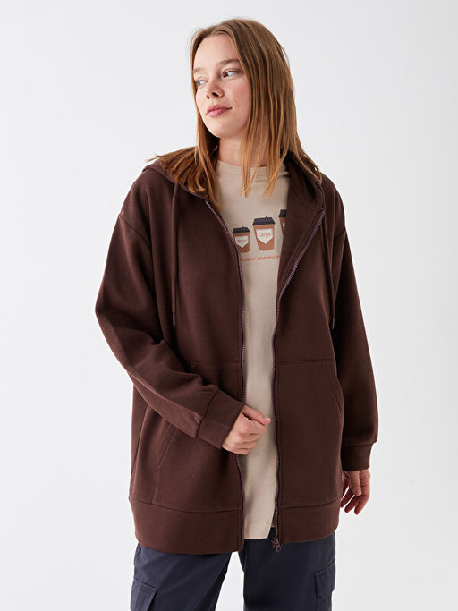 Kap??onlu D?z Oversize Kad?n Kal?n Fermuarl? Sweatshirt