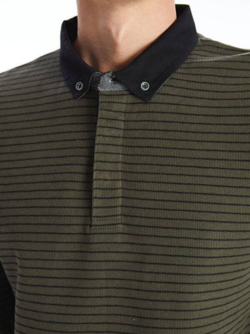 Polo Yaka Uzun Kollu ?izgili Erkek Sweatshirt