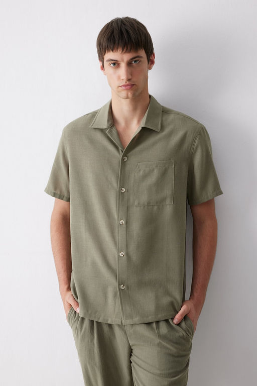 Relax Fit Polo Yaka Keten G_r_n_ml_ Yazl_k K_sa Kollu G_mlek