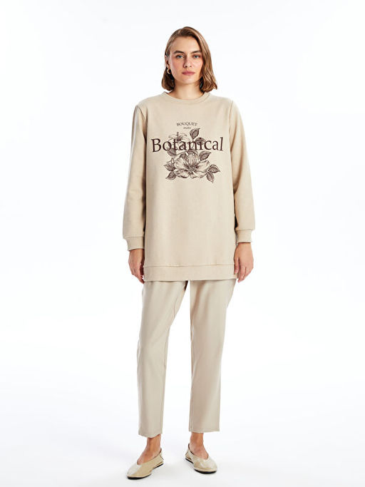 Bisiklet Yaka Bask?l? Kad?n Sweatshirt Tunik