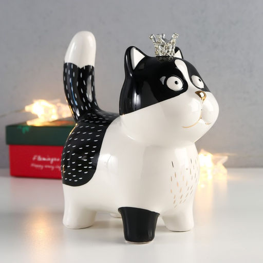 Фигурка керамика «Котик в короне», бело-чёрный с золотом, 16.3×7.5×15 см