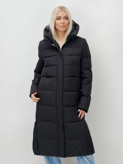 Пальто утепленное стеганное зимнее с капюшоном женское черного цвета 9620Ch - Mtforce фото 14
