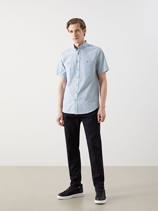 Regular Fit K?sa Kollu Keten G?r?n?ml? Erkek G?mlek