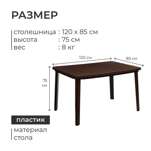 Стол прямоугольный, 120×85×75 см, пластиковый, коричневый