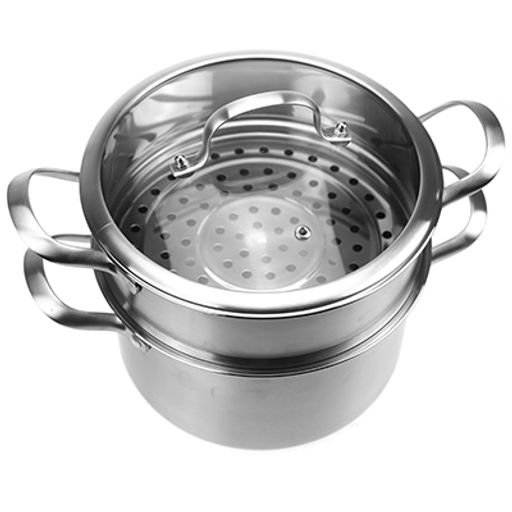 "Люкс" Пароварка из нержавеющей стали 7л, д26см, h21,5см, стеклянная крышка, ручки нержавеющая сталь, с теплораспределительным дном 0,8см, цветная коробка (Китай)