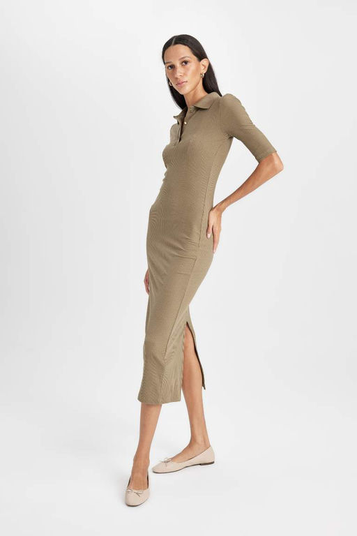 Облегающее платье миди с воротником-поло и бретельками с половиной рукавов - Defacto фото 3