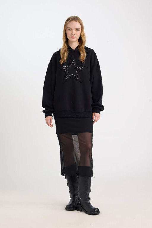 Женский черный крутой толстый свитшот оверсайз широкого кроя со звездами - Defacto фото 2