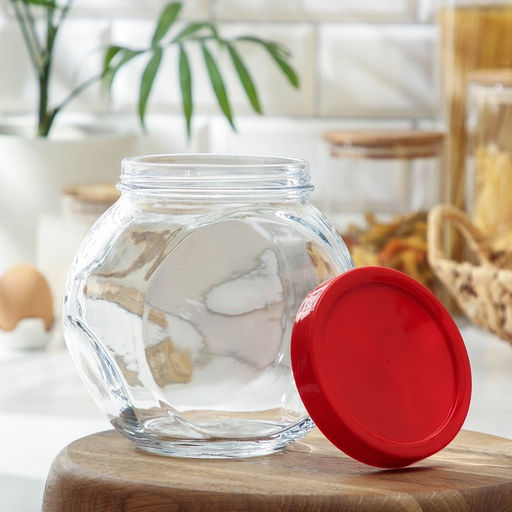 Банка для хранения сыпучих продуктов Paşabahçe Bella, 1.5 л, стекло, с красной крышкой, прозрачная