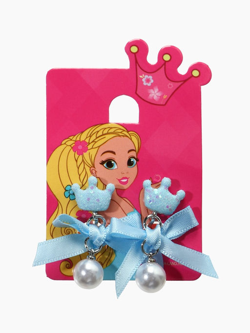 Серьги-клипсы детские «Выбражулька» корона с бантом и жемчужиной, голубой-белые