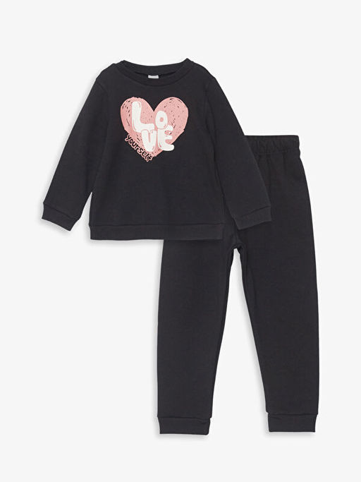 Bisiklet Yaka Bask?l? K?z ?ocuk Sweatshirt ve E?ofman Alt 2li