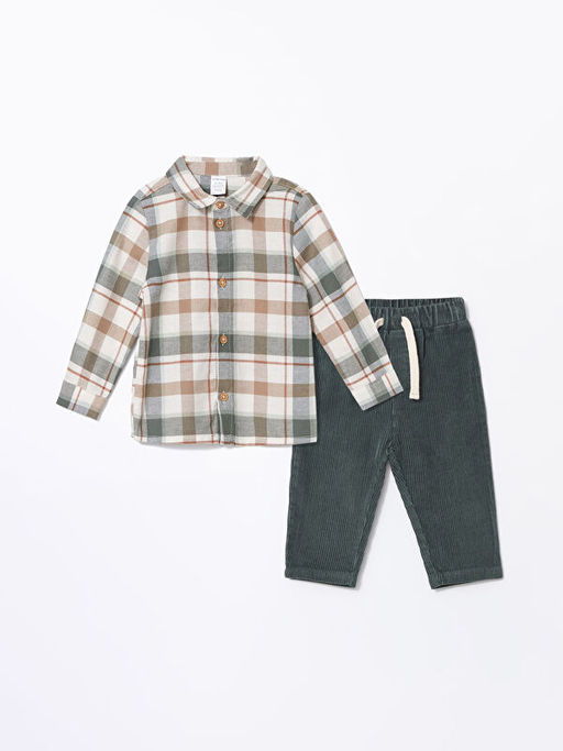 Uzun Kollu Erkek Bebek Ekose G?mlek ve Pantolon 2li Tak?m