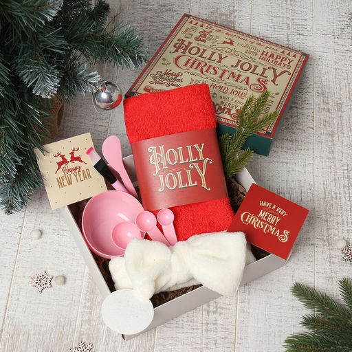 Набор новогодний подарочный «Этель» Holly Jolly, 8 предметов, полотенце, повязка на голову, спонж