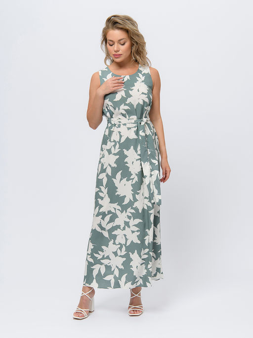 Платье цвета полыни длины макси с цветочным принтом и поясом - 1001dress фото 3