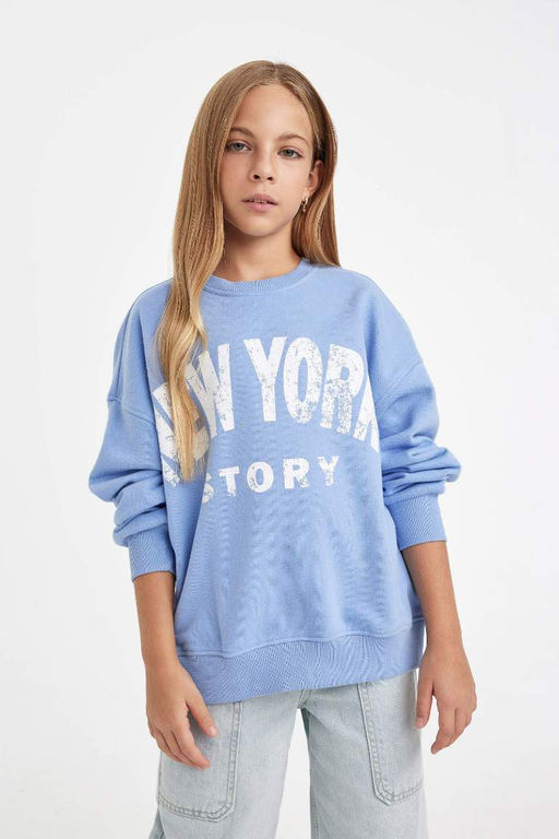 Синий свитшот оверсайз с широким кроем и круглым вырезом для девочек с принтом и надписью - Defacto фото 4