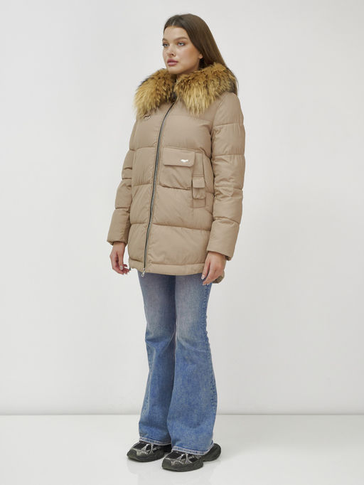 Куртка Бренд Visdeer ПРЕМИУМ КЛАССА зимняя с мехом ЕНОТА, бежевого цвета  фото 3