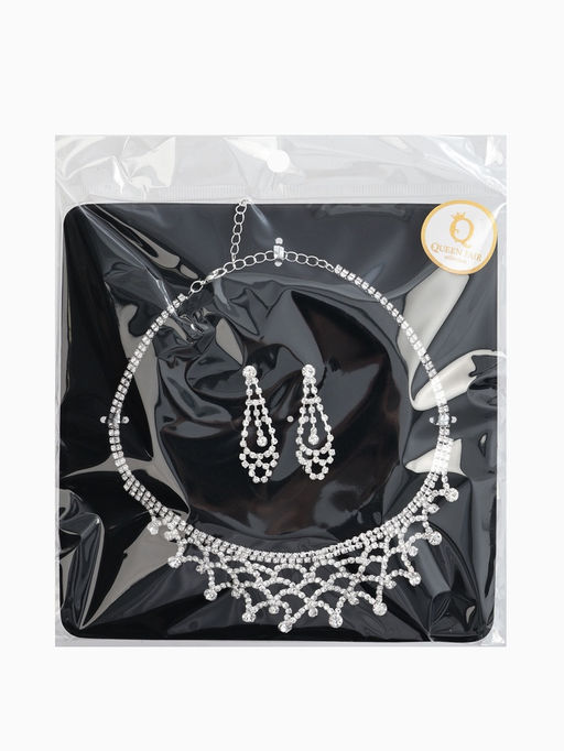 Набор 2 пред-а: серьги, колье со стразами "Лёд" паутина, d=13,5см, цвет белый в серебре