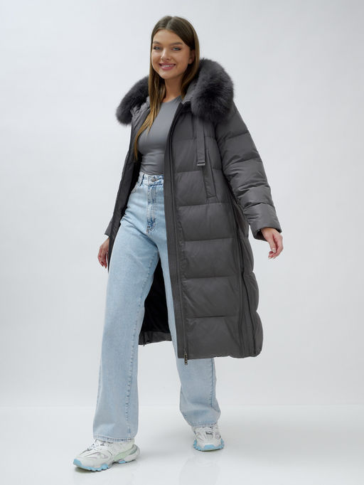 с натуральным мехом песца класса Люкс Бренд Visdeer Пальто зимние темно-серого цвета  фото 16