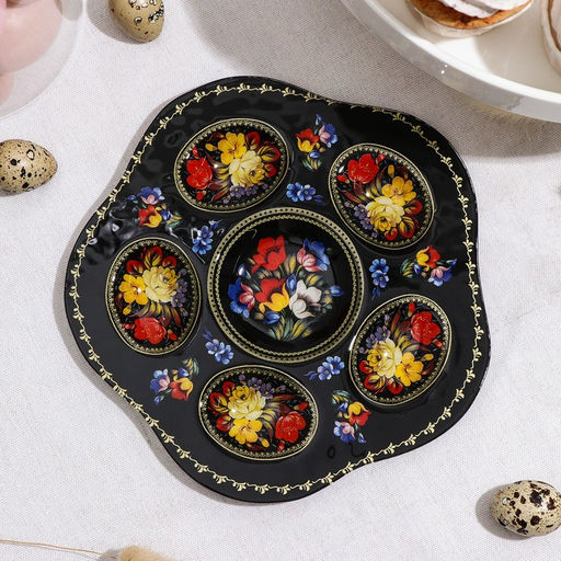 Подставка стеклянная для яиц Доляна Жостовская роспись, 5 ячеек, 2020 см, цвет чёрный  фото 3