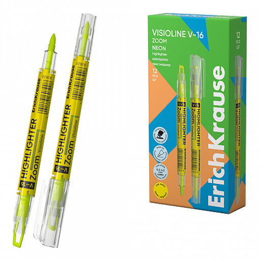 АКЦИЯ Цена за 12 шт. Двухсторонний текстмаркер ErichKrause Visioline V-16 Brush Neon, цвет чернил желтый (в коробке по 12 шт.)  фото 5