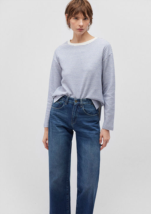 Uzun Kollu Mavi Cizgili Tisort  фото 2