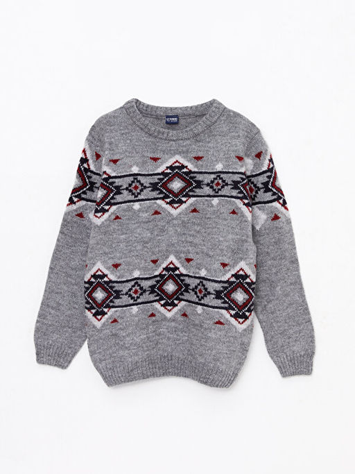 Bisiklet Yaka Desenli Uzun Kollu Erkek ?ocuk Triko Kazak