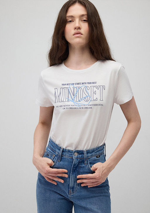 Bask?l? Beyaz Tisort - Mavi фото 2