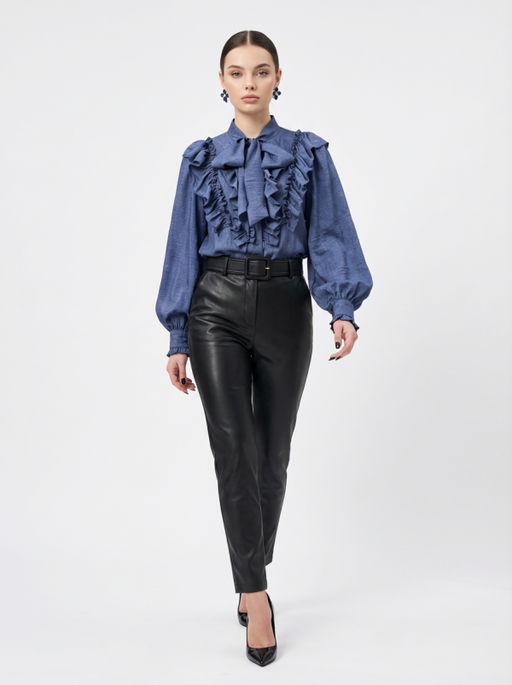 Блузка с рюшами и воротником-завязка OD-988-3 синий