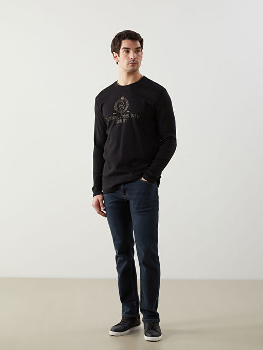 Bisiklet Yaka Uzun Kollu Bask?l? Erkek Sweatshirt