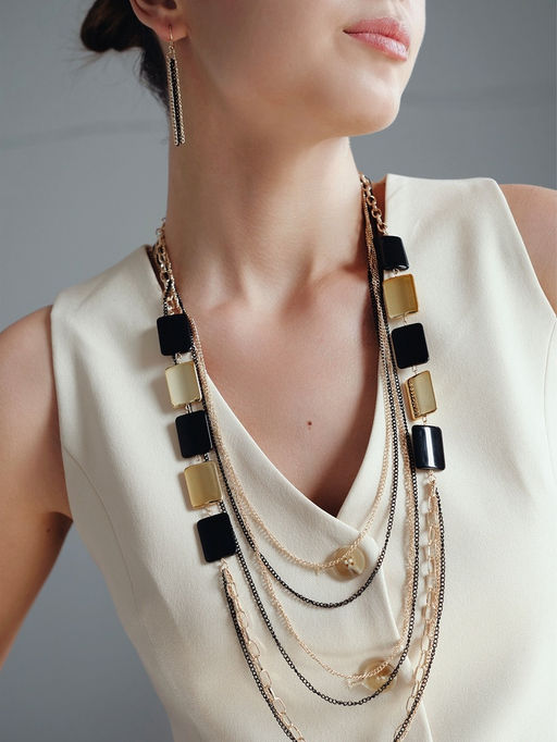 Набор 2 предмета: серьги, бусы Унисон прямоугольники, чёрный в золоте, 80 см