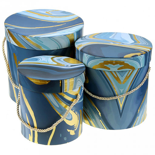 Коробка подарочная, набор 3 штуки: д14х14,5см; д17х17см; д19х19см "Акварель" синие тона с золотом, с ручкой (Китай)
