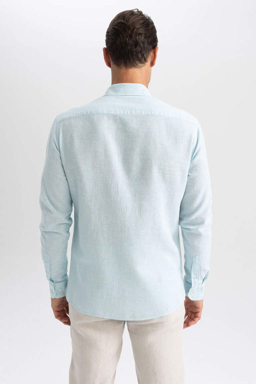 Рубашка с длинными рукавами и воротником-поло Modern Fit из смесового льна - Defacto фото 6