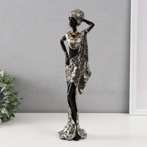 Фигура полистоун «Африканка в серебряном одеянии с цветами», 11.5×8×36 см