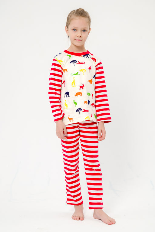 Пижама детская из джемпера и брюк без манжет из интерлока Сафари красный полоса - Амадэль фото 32
