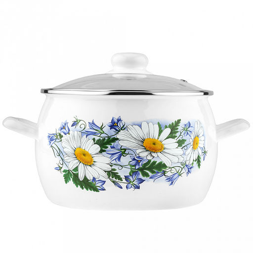 Ромашковое поле Кастрюля эмалированная 5,0л, форма полусфера, стеклянная крышка, нержавеющий ободок (Россия) - Домашняя мода фото 2