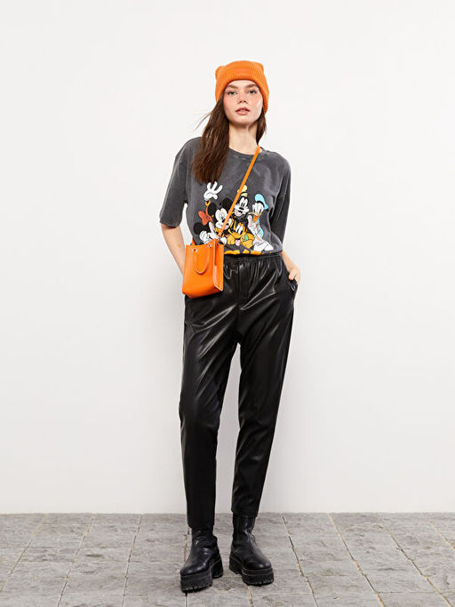 Beli Lastikli Deri G?r?n?ml? Kad?n Pantolon