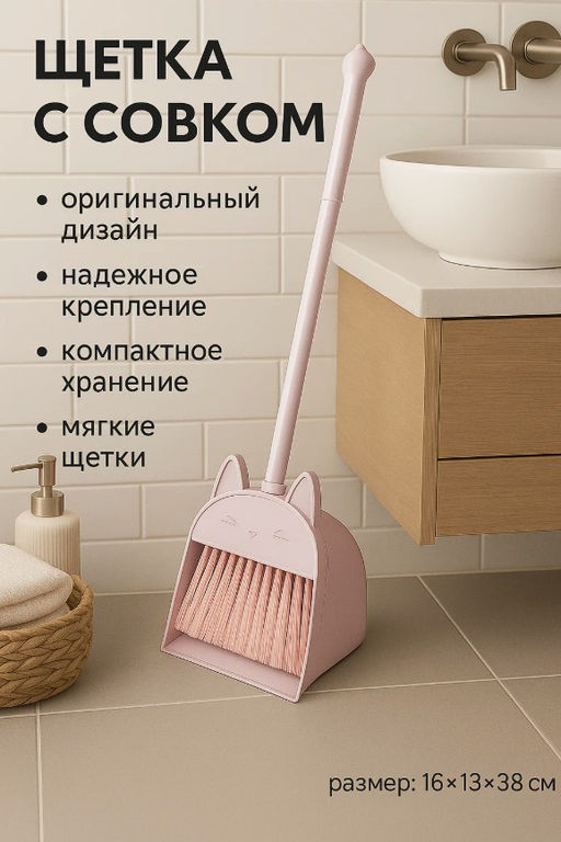 Щётка для пола Доляна Китти: щётка 1450 см, совок 161338 см, розовая фото 8