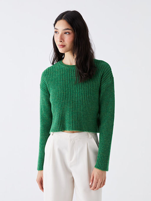 Bisiklet Yaka Kendinden Desenli Uzun Kollu Kad?n Triko Kazak