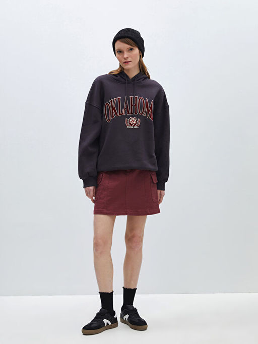 Bask?l? Uzun Kollu Oversize Kad?n Hoodie